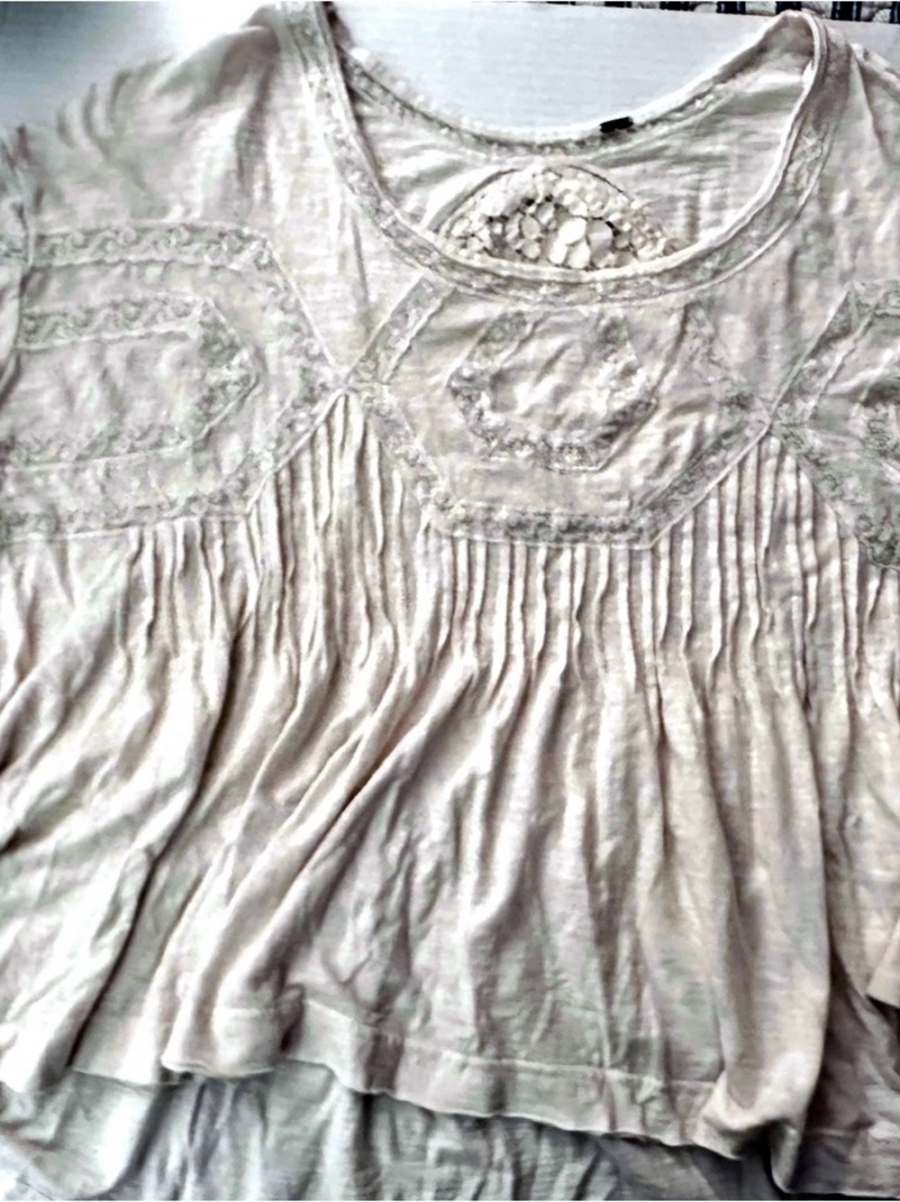 Free People Urban Outfitters Cream Lace Inset Baby Doll Pheasant Boho Top Size M